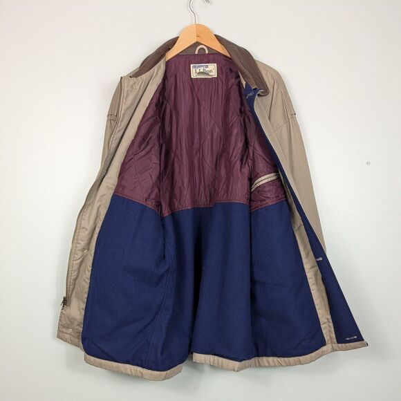 Vintage LL Bean Barn Jacket Mens L Tan Brown Leather Wool 80s 90s Chore Coat - Picture 4 of 16